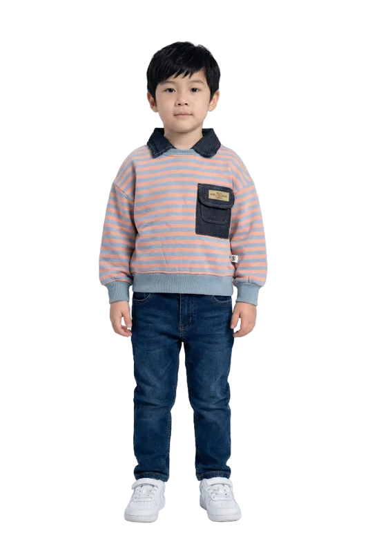 Convertible Denim Collar Striped Pullover Hampp