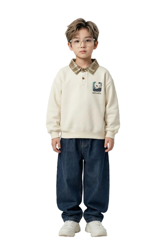 Panda Charm Checked-Collar Sweatshirt