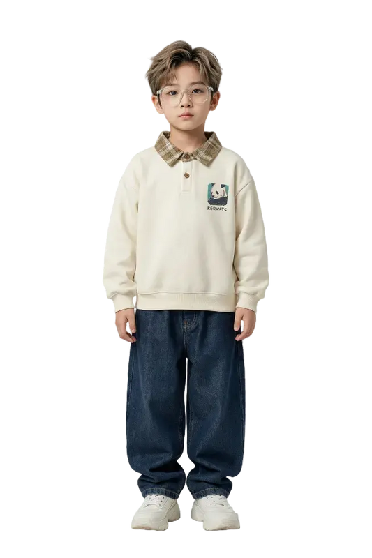 Panda Charm Checked-Collar Sweatshirt Hampp