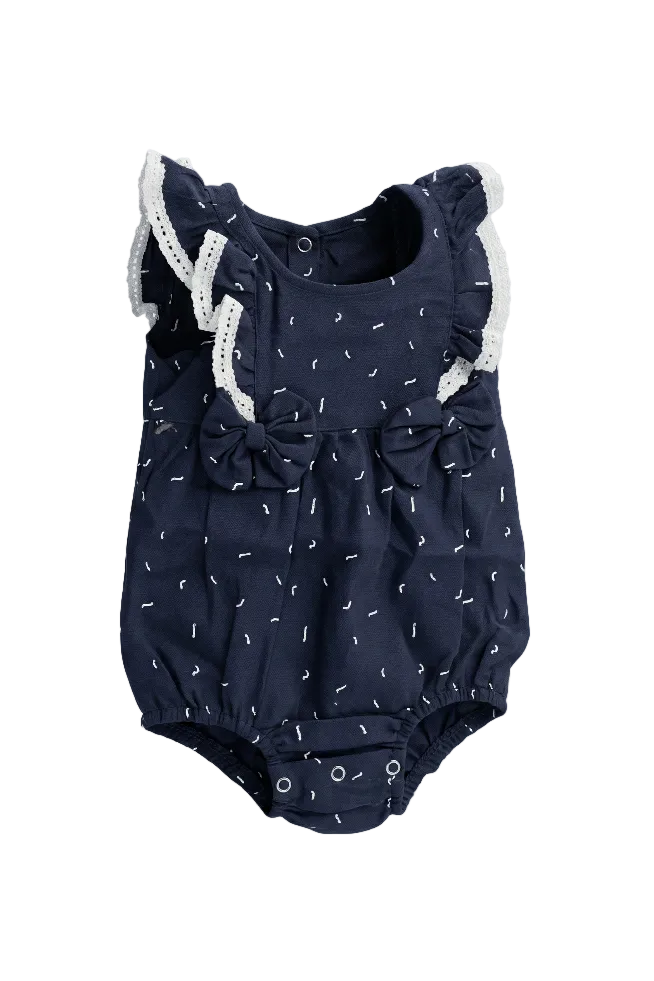 Navy Lace-Trim Bow Romper Hampp