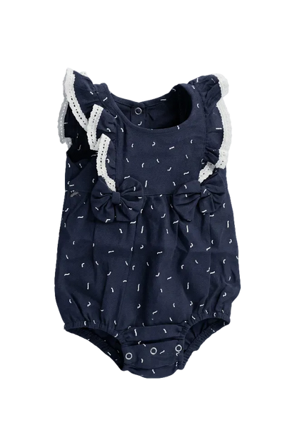 Navy Lace-Trim Bow Romper Hampp