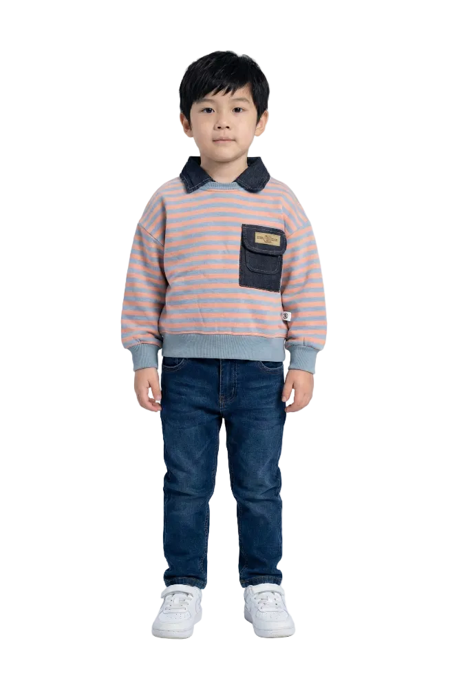 Convertible Denim Collar Striped Pullover Hampp