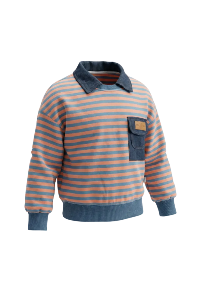 Convertible Denim Collar Striped Pullover Hampp