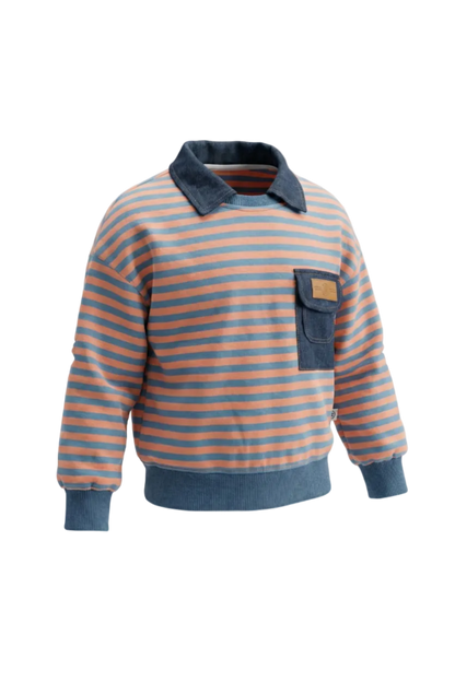 Convertible Denim Collar Striped Pullover Hampp
