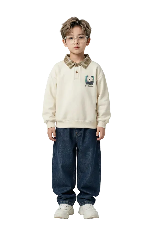 Panda Charm Checked-Collar Sweatshirt Hampp