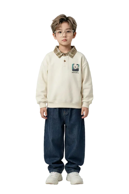 Panda Charm Checked-Collar Sweatshirt Hampp