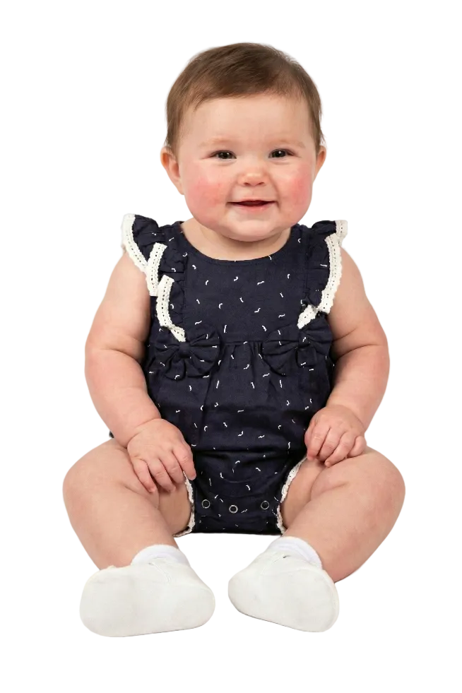 Navy Lace-Trim Bow Romper Hampp