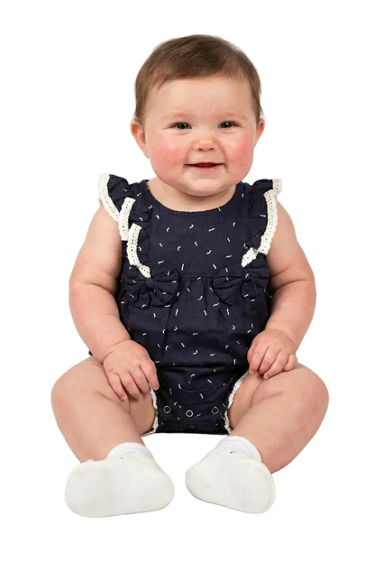 Navy Lace-Trim Bow Romper Hampp